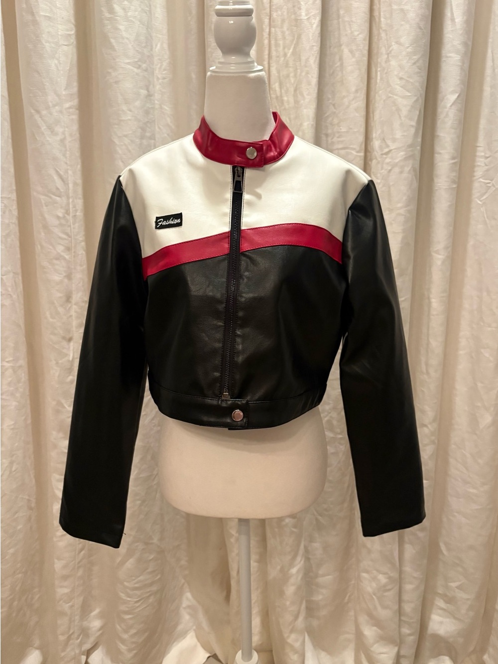 Colorblock Faux Leather Moto Jacket - Black, White & Red